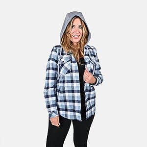 Victory Sportswear Blue and White Plaid Pattern Cotton Shirt with Fleece Hood -XL