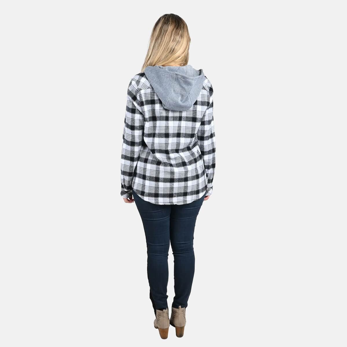 Victory Sportswear Black and White Plaid Pattern Cotton Shirt with Fleece Hood - L image number 1