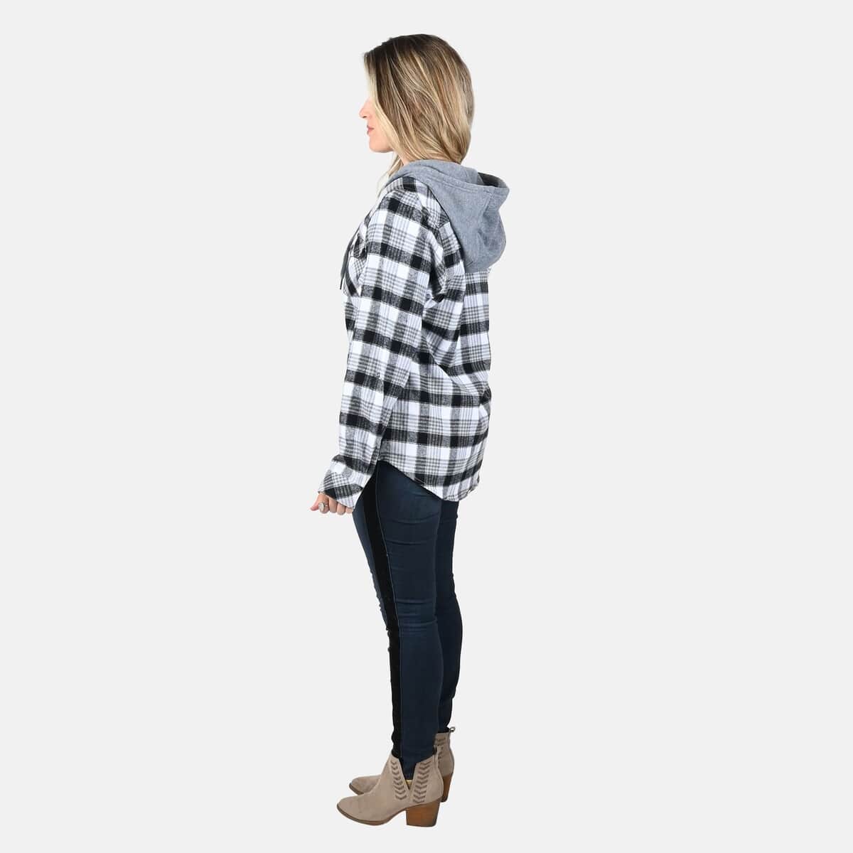 Victory Sportswear Black and White Plaid Pattern Cotton Shirt with Fleece Hood - L image number 2