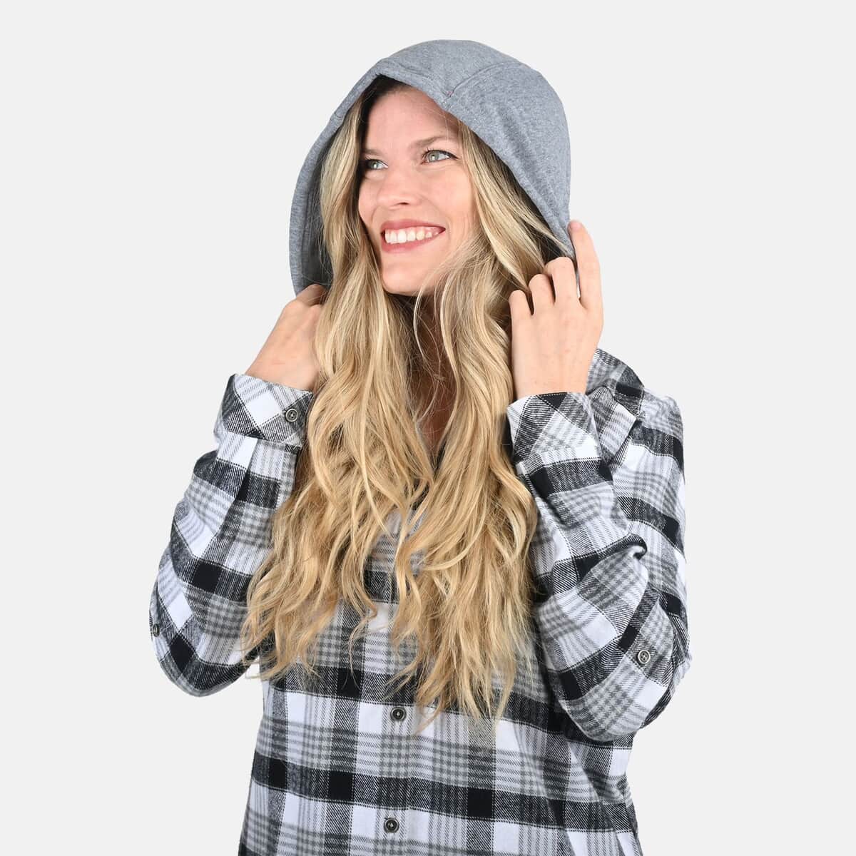 Victory Sportswear Black and White Plaid Pattern Cotton Shirt with Fleece Hood - L image number 5