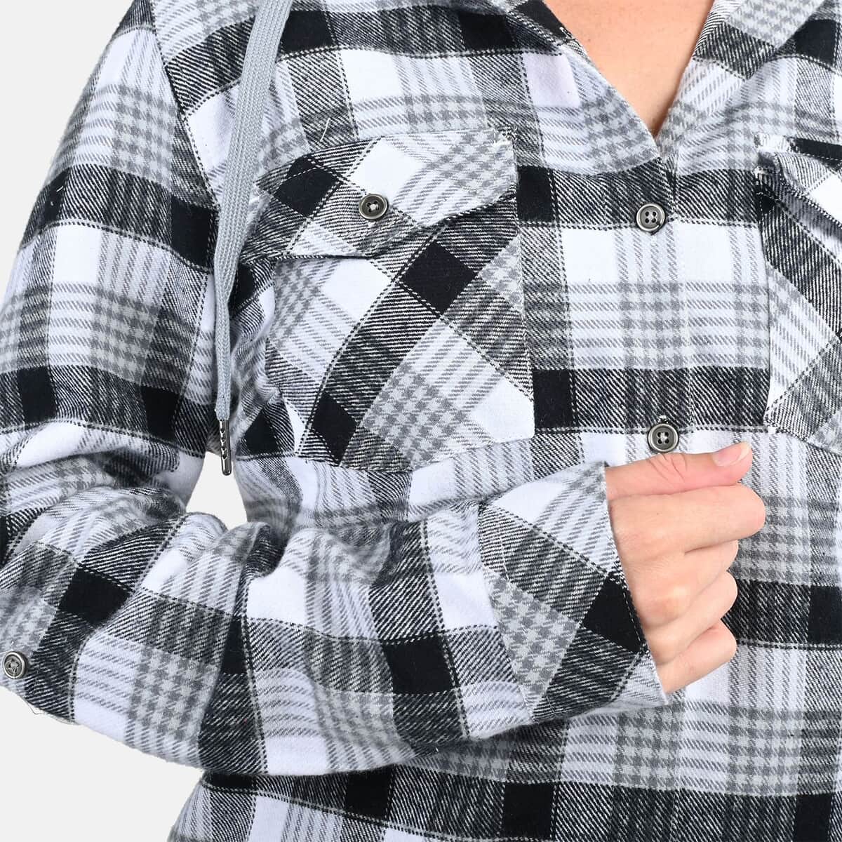 Victory Sportswear Black and White Plaid Pattern Cotton Shirt with Fleece Hood - L image number 6