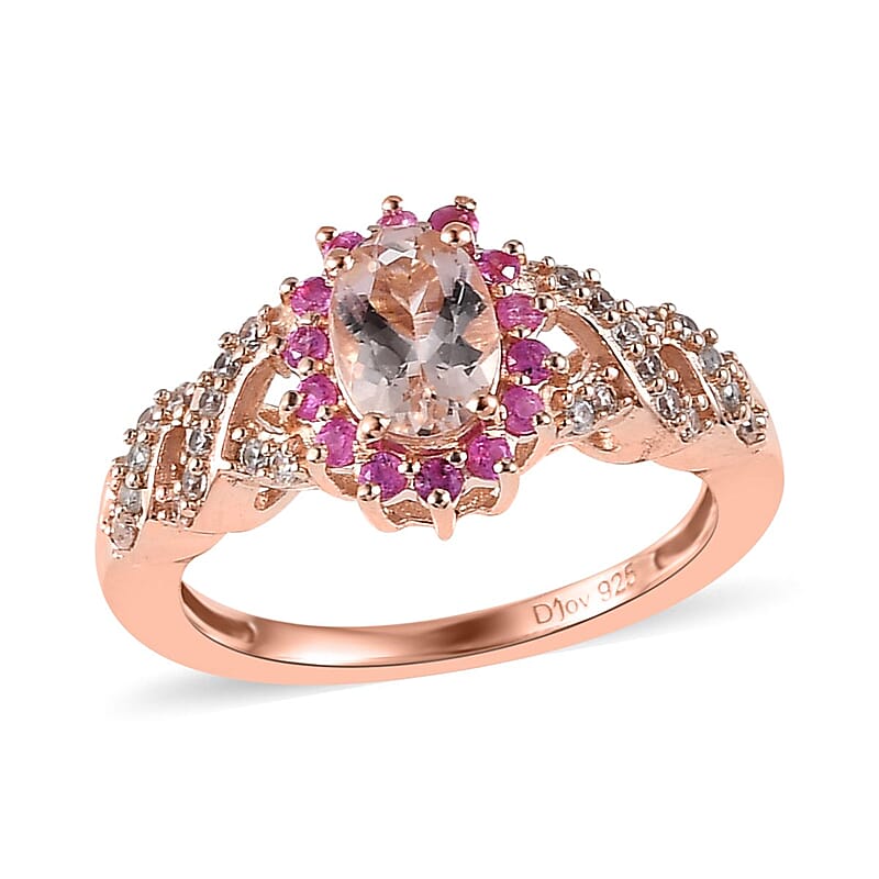 Premium Marropino Morganite and Multi Gemstone Sunburst Ring in Vermeil Rose Gold Over Sterling Silver (Size 10.0) 1.25 ctw
