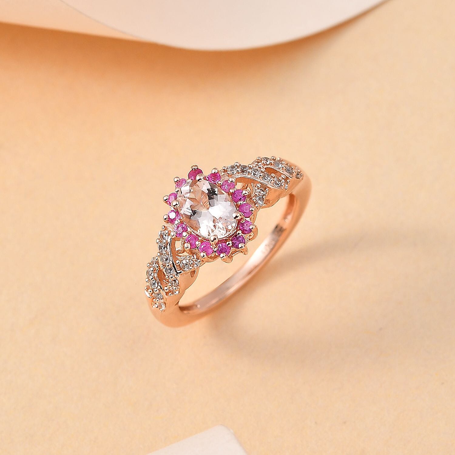 Premium Marropino Morganite and Multi Gemstone Sunburst Ring in Vermeil Rose Gold Over Sterling Silver (Size 10.0) 1.25 ctw