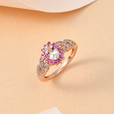 Premium Marropino Morganite and Multi Gemstone Sunburst Ring in Vermeil Rose Gold Over Sterling Silver (Size 10.0) 1.25 ctw