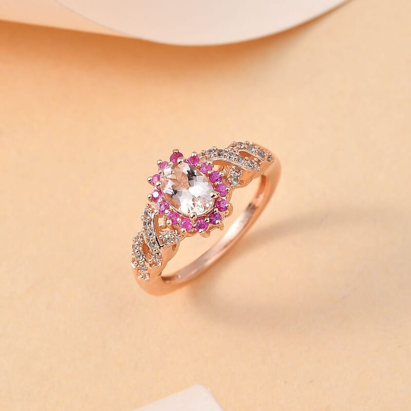 Premium Marropino Morganite and Multi Gemstone Sunburst Ring in Vermeil Rose Gold Over Sterling Silver (Size 10.0) 1.25 ctw