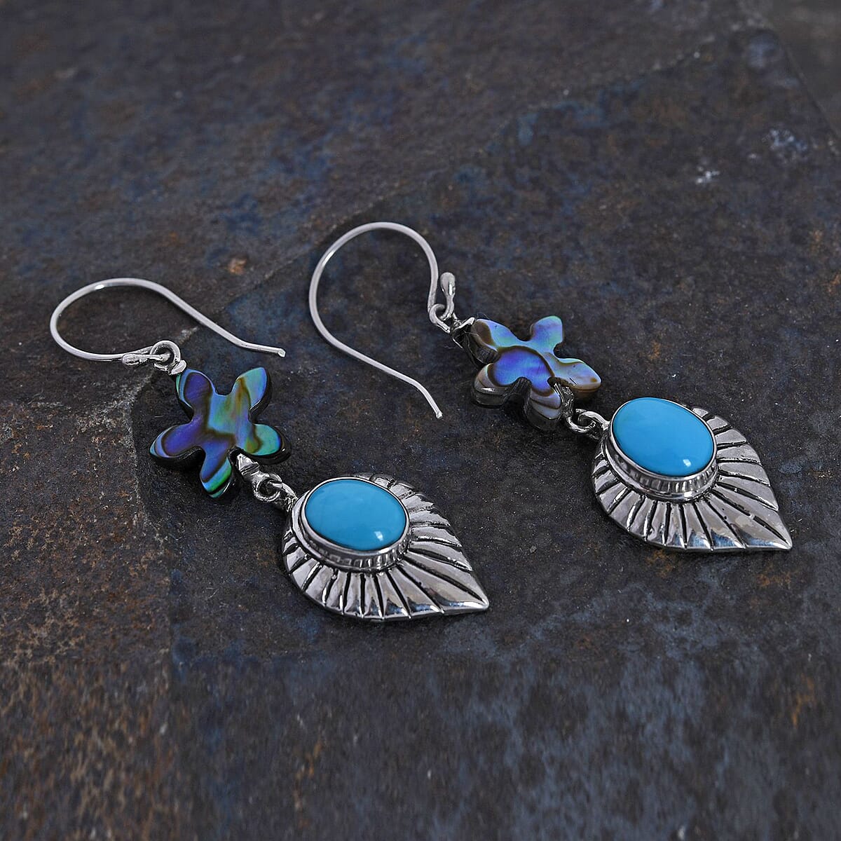 Bali Legacy Sleeping Beauty Turquoise and Abalone Shell Starfish Dangle Earrings in Sterling Silver 2.00 ctw image number 1