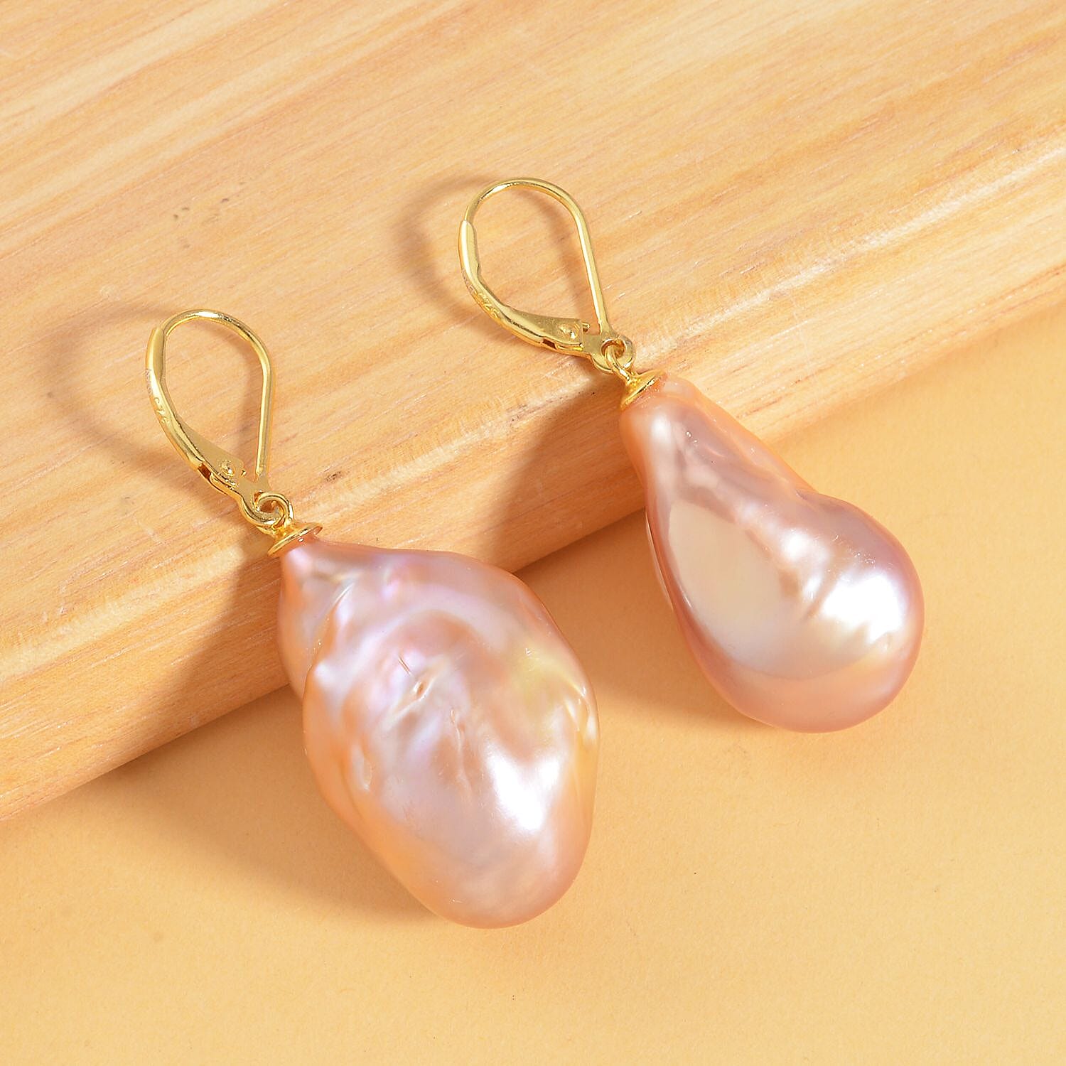 Organic Shape Baroque Pearl Lever Back Earrings in Vermeil Yellow Gold Over Sterling Silver