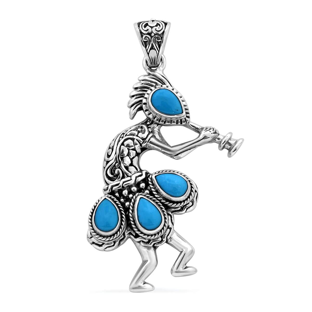 Bali Legacy Sleeping Beauty Turquoise Kokopelli Pendant in Sterling Silver 2.60 ctw image number 0