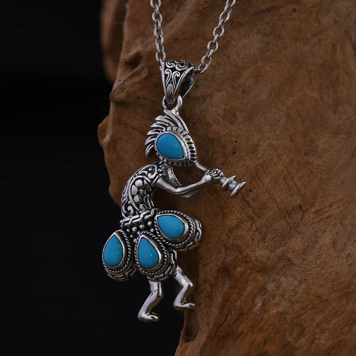 Bali Legacy Sleeping Beauty Turquoise Kokopelli Pendant in Sterling Silver 2.60 ctw image number 1