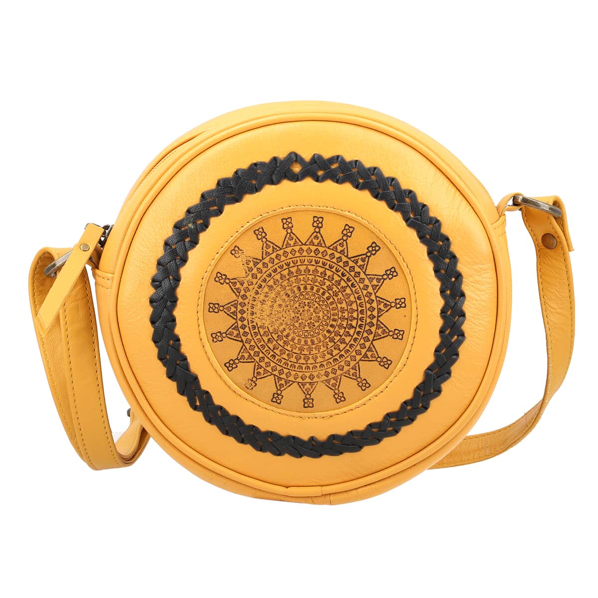 100% Genuine leather weaving round croosbody bag SIZE: 7(L)x2.4(W)x7(H)Inches  Mustard image number 0