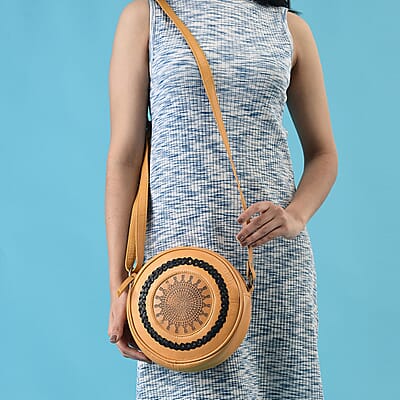 Mustard Genuine Leather Weaving Round Crossbody Bag