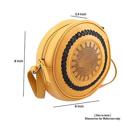 Mustard Genuine Leather Weaving Round Crossbody Bag