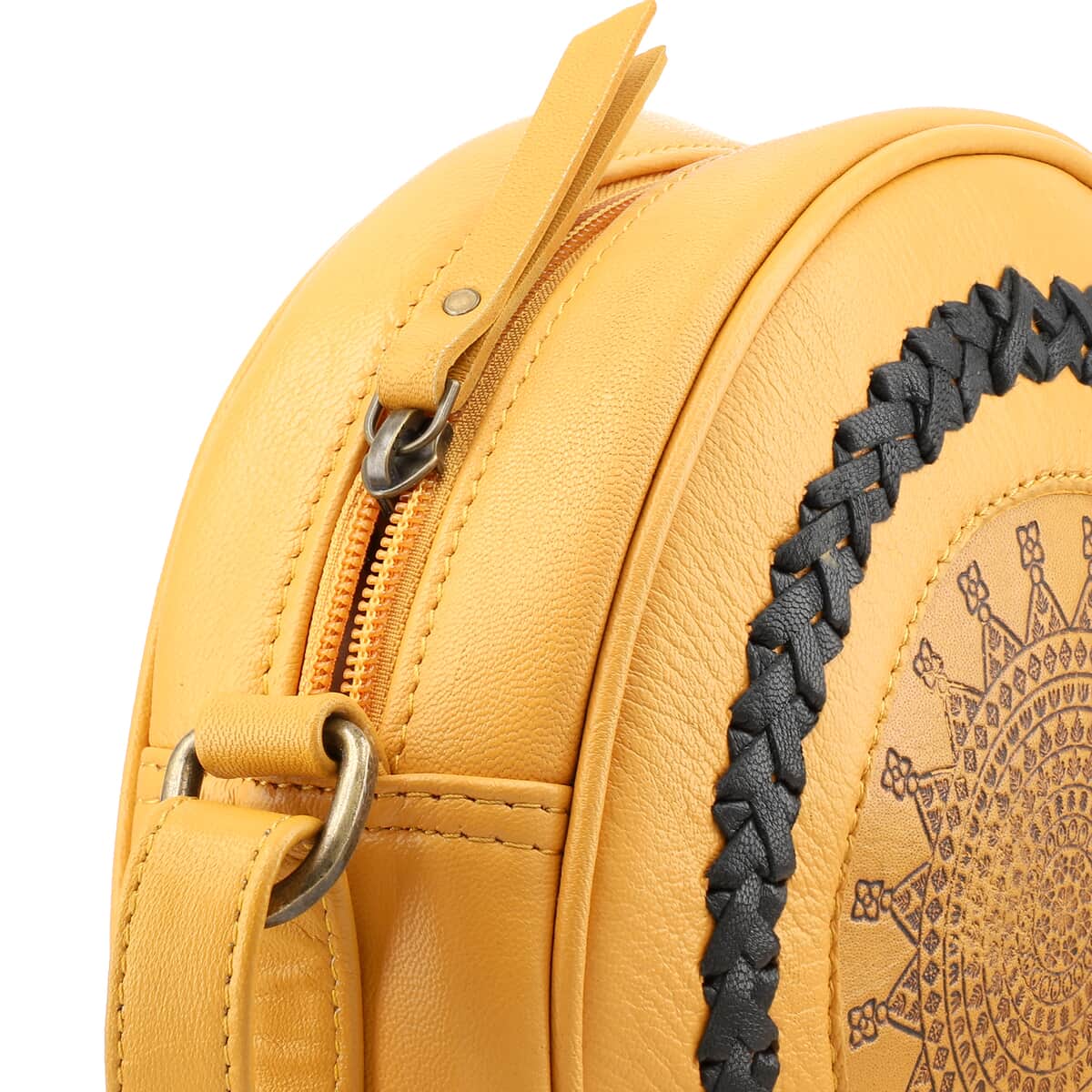 100% Genuine leather weaving round croosbody bag SIZE: 7(L)x2.4(W)x7(H)Inches  Mustard image number 4