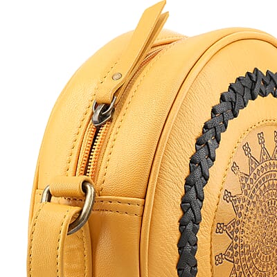 Mustard Genuine Leather Weaving Round Crossbody Bag