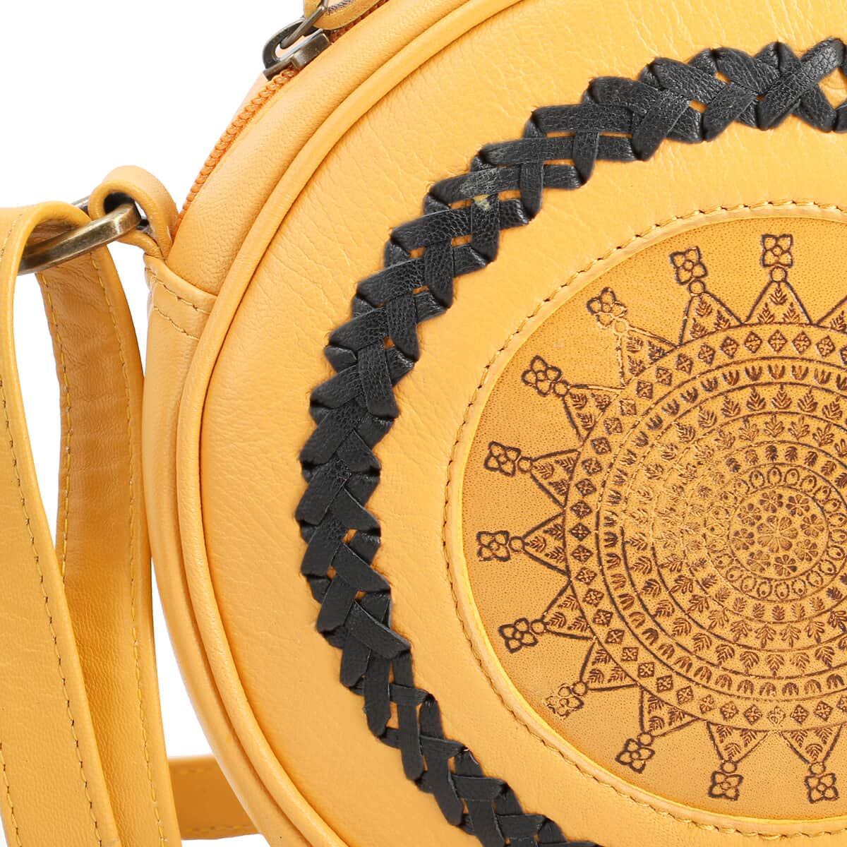 100% Genuine leather weaving round croosbody bag SIZE: 7(L)x2.4(W)x7(H)Inches  Mustard image number 5