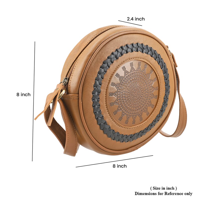 Light Brown Genuine Leather Weaving Round Crossbody Bag