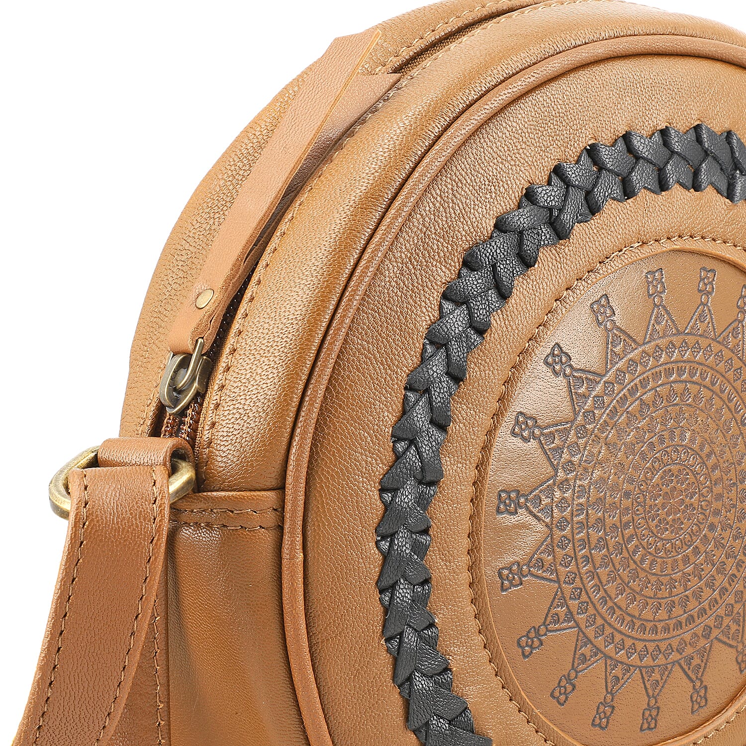 Light Brown Genuine Leather Weaving Round Crossbody Bag