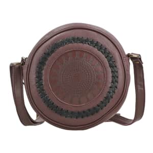 Burgundy Genuine Leather Weaving Round Crossbody Bag