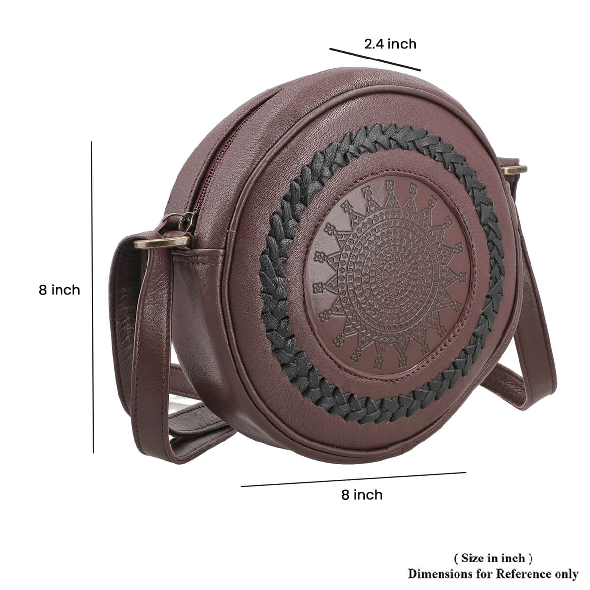 Burgundy Genuine Leather Weaving Round Crossbody Bag image number 3