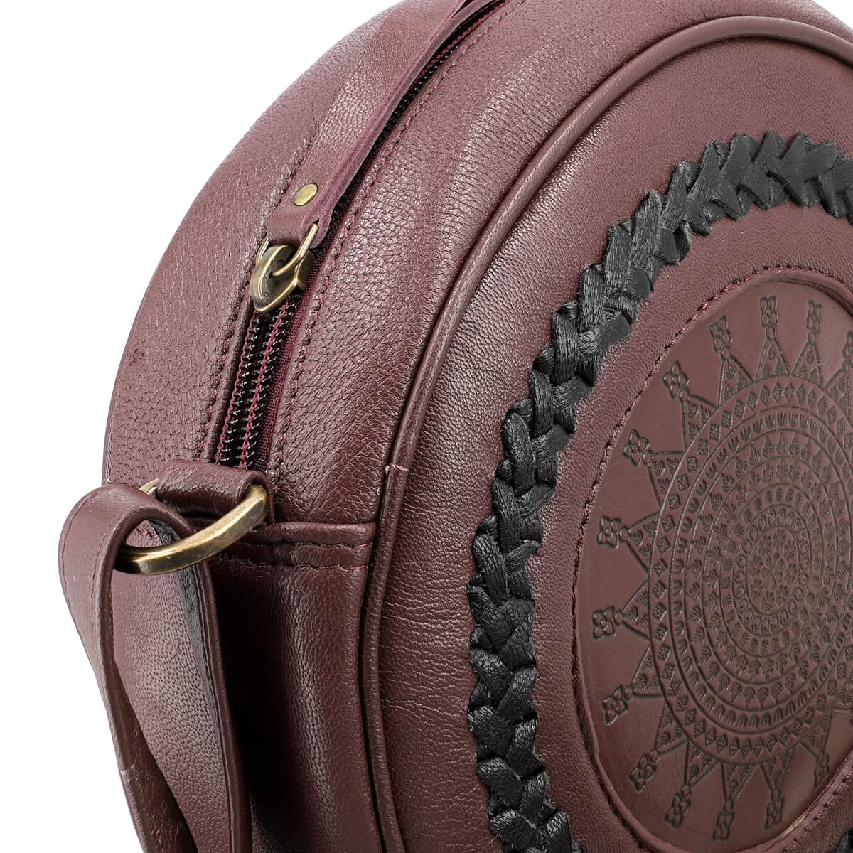 Burgundy Genuine Leather Weaving Round Crossbody Bag image number 4