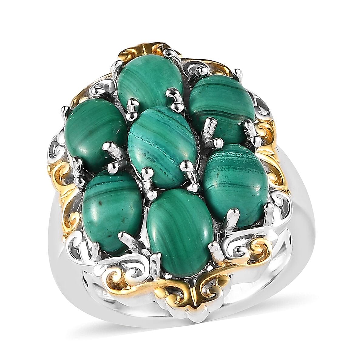 Karis African Malachite Cluster Ring in 18K YG Plated and Platinum Bond (Size 10.0) 9.00 ctw