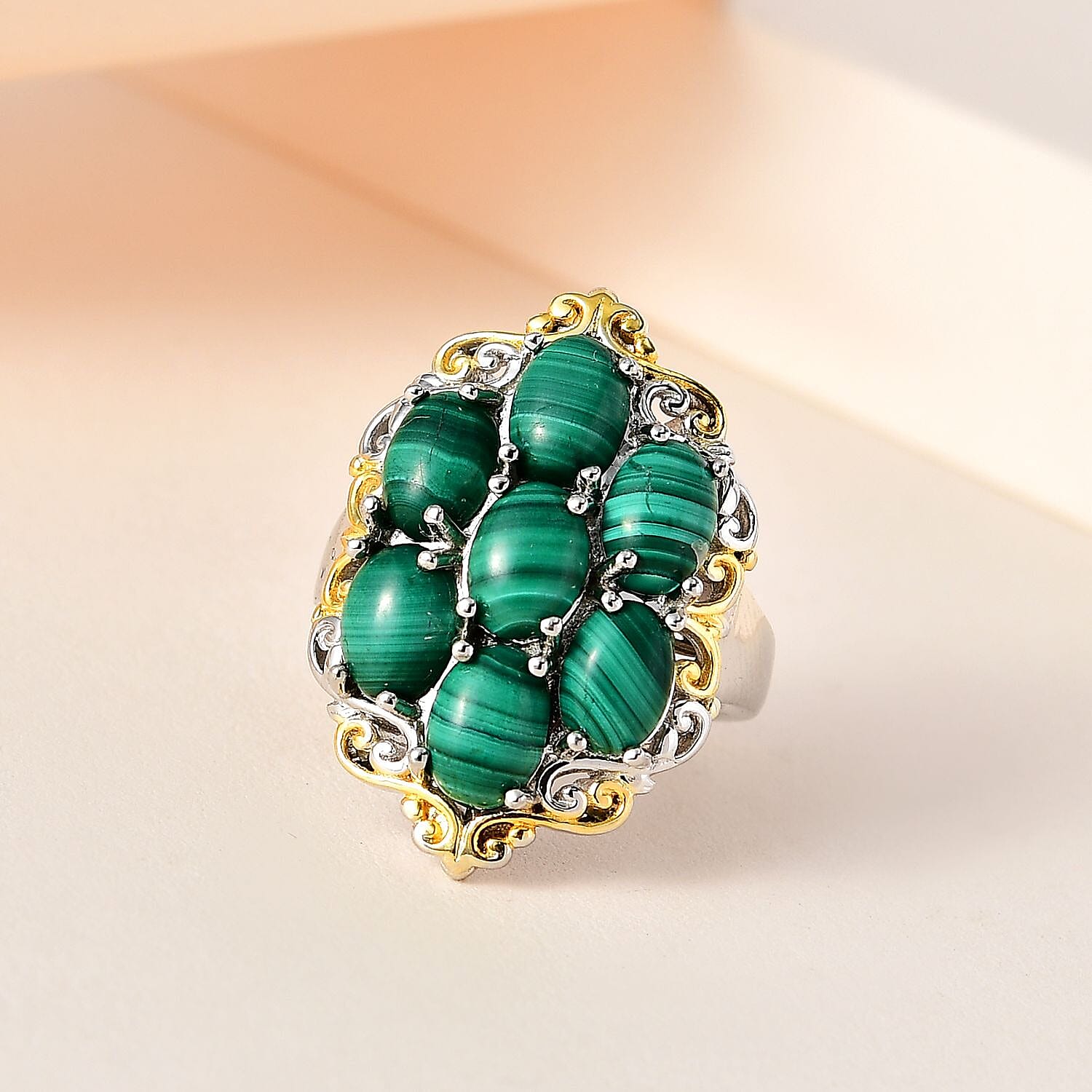 Karis African Malachite Cluster Ring in 18K YG Plated and Platinum Bond (Size 10.0) 9.00 ctw