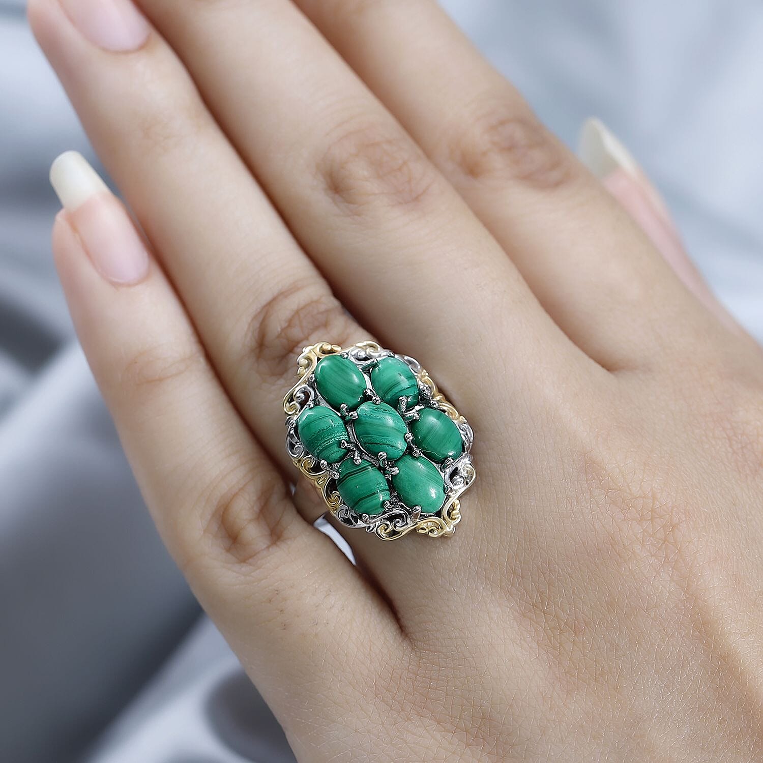Karis African Malachite Cluster Ring in 18K YG Plated and Platinum Bond (Size 10.0) 9.00 ctw