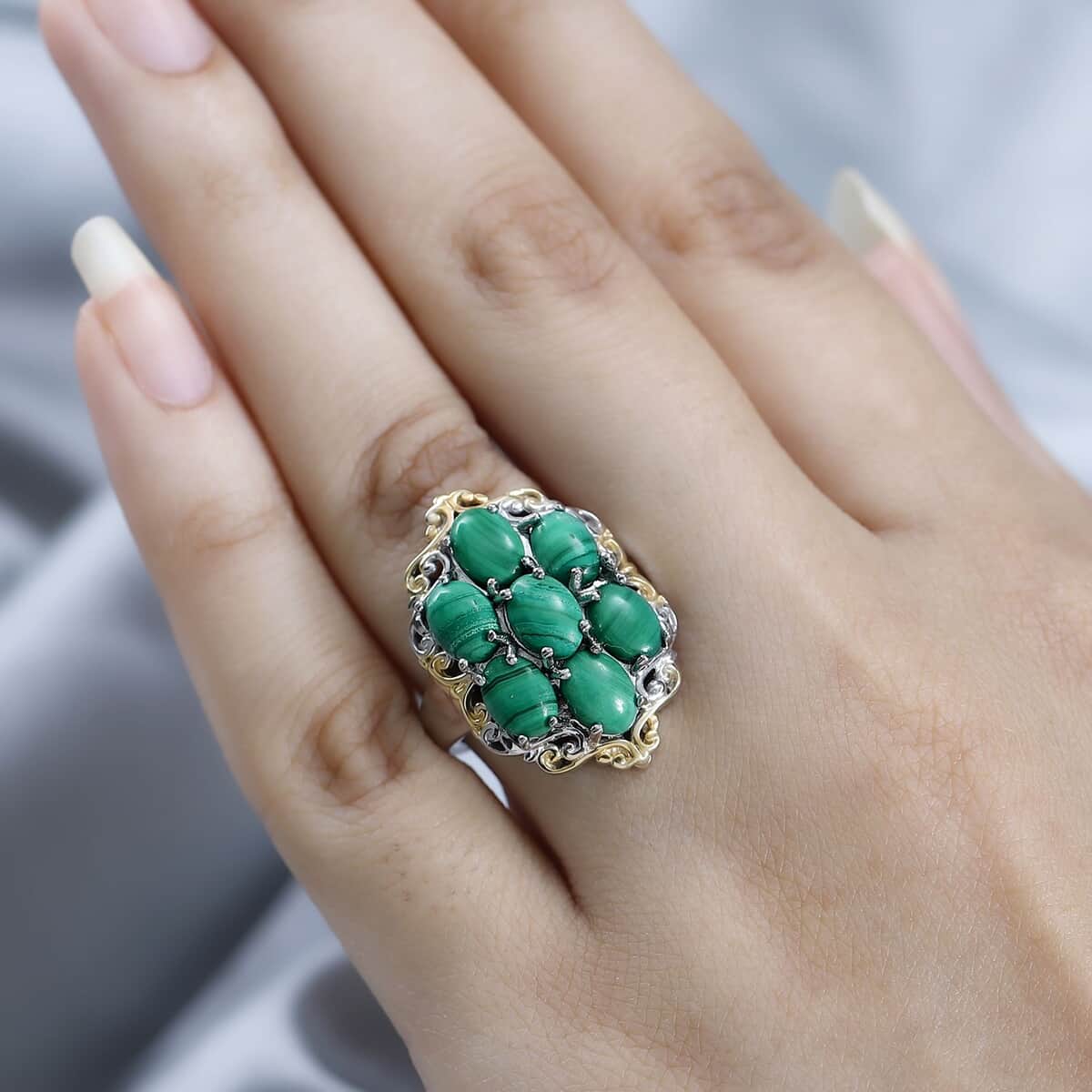 Karis African Malachite Cluster Ring in 18K YG Plated and Platinum Bond (Size 10) 9.00 ctw image number 2