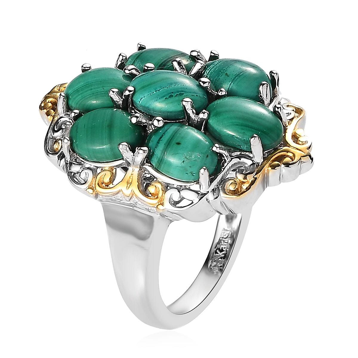 Karis African Malachite Cluster Ring in 18K YG Plated and Platinum Bond (Size 10.0) 9.00 ctw