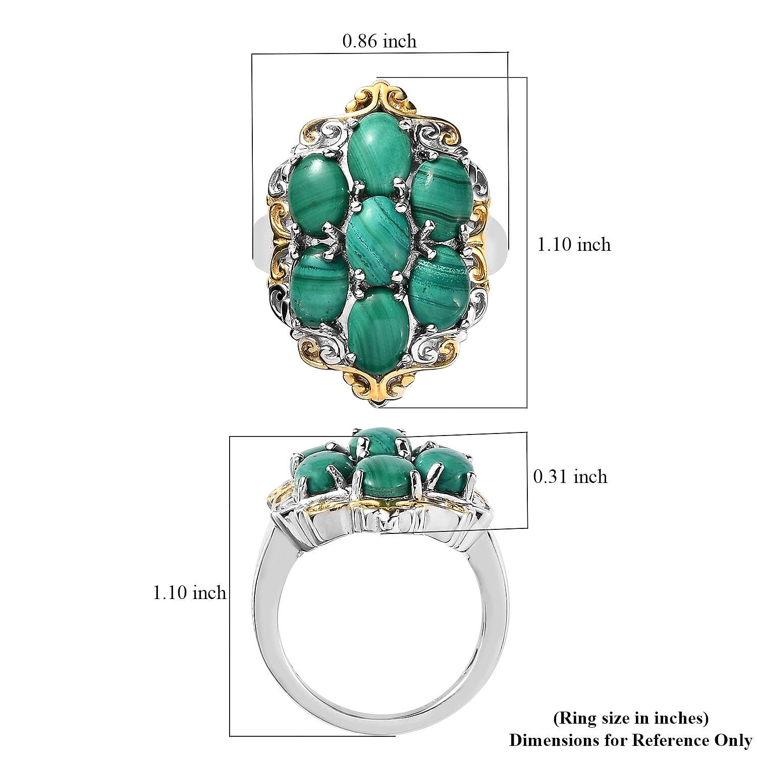 Karis African Malachite Cluster Ring in 18K YG Plated and Platinum Bond (Size 10.0) 9.00 ctw