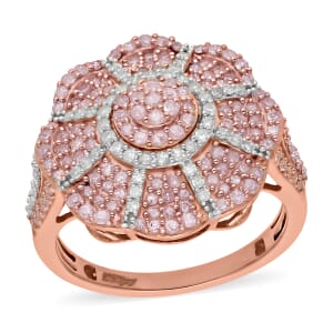 Natural Pink and White Diamond Floral Ring in Vermeil Rose Gold Over Sterling Silver (Size 10.0) 1.00 ctw