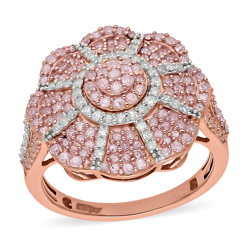Natural Pink and White Diamond Floral Ring in Vermeil Rose Gold Over Sterling Silver (Size 10.0) 1.00 ctw