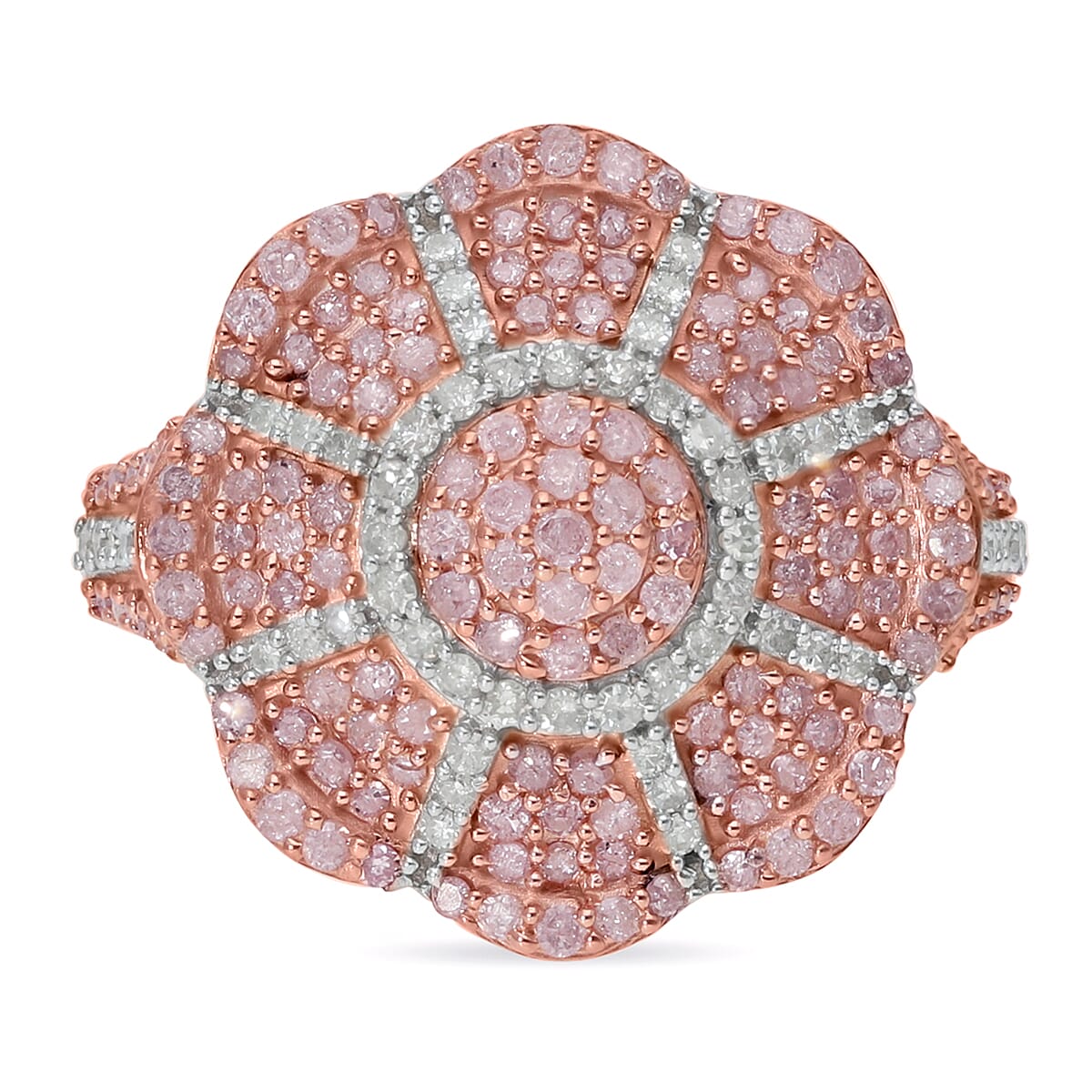 Natural Pink and White Diamond Floral Ring in Vermeil Rose Gold Over Sterling Silver (Size 10.0) 1.00 ctw