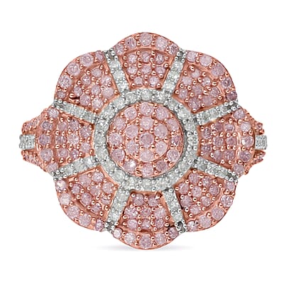 Natural Pink and White Diamond Floral Ring in Vermeil Rose Gold Over Sterling Silver (Size 10.0) 1.00 ctw