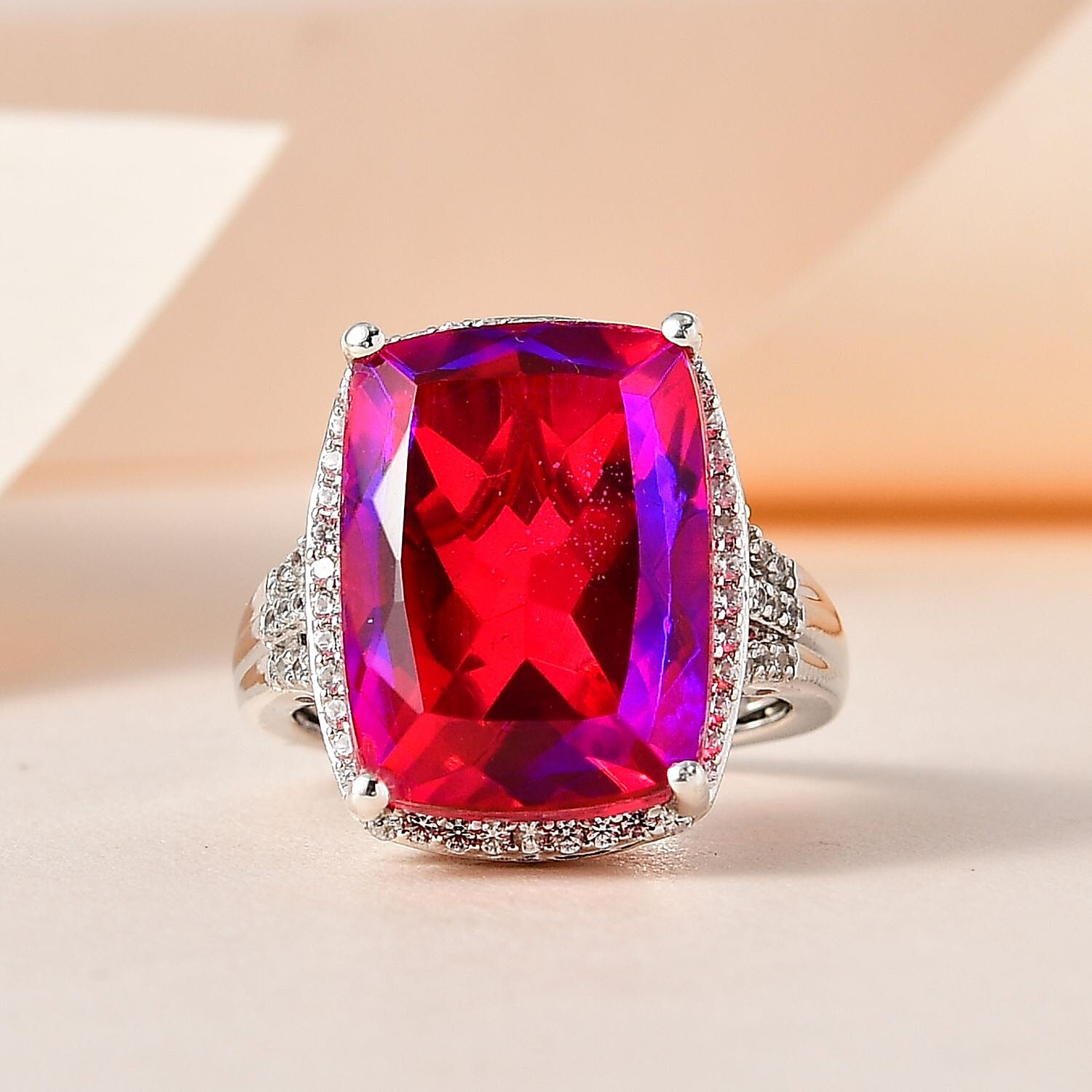Volcanic Quartz (Triplet) and White Zircon Ring in Platinum Over Sterling Silver (Size 10.0) 12.75 ctw