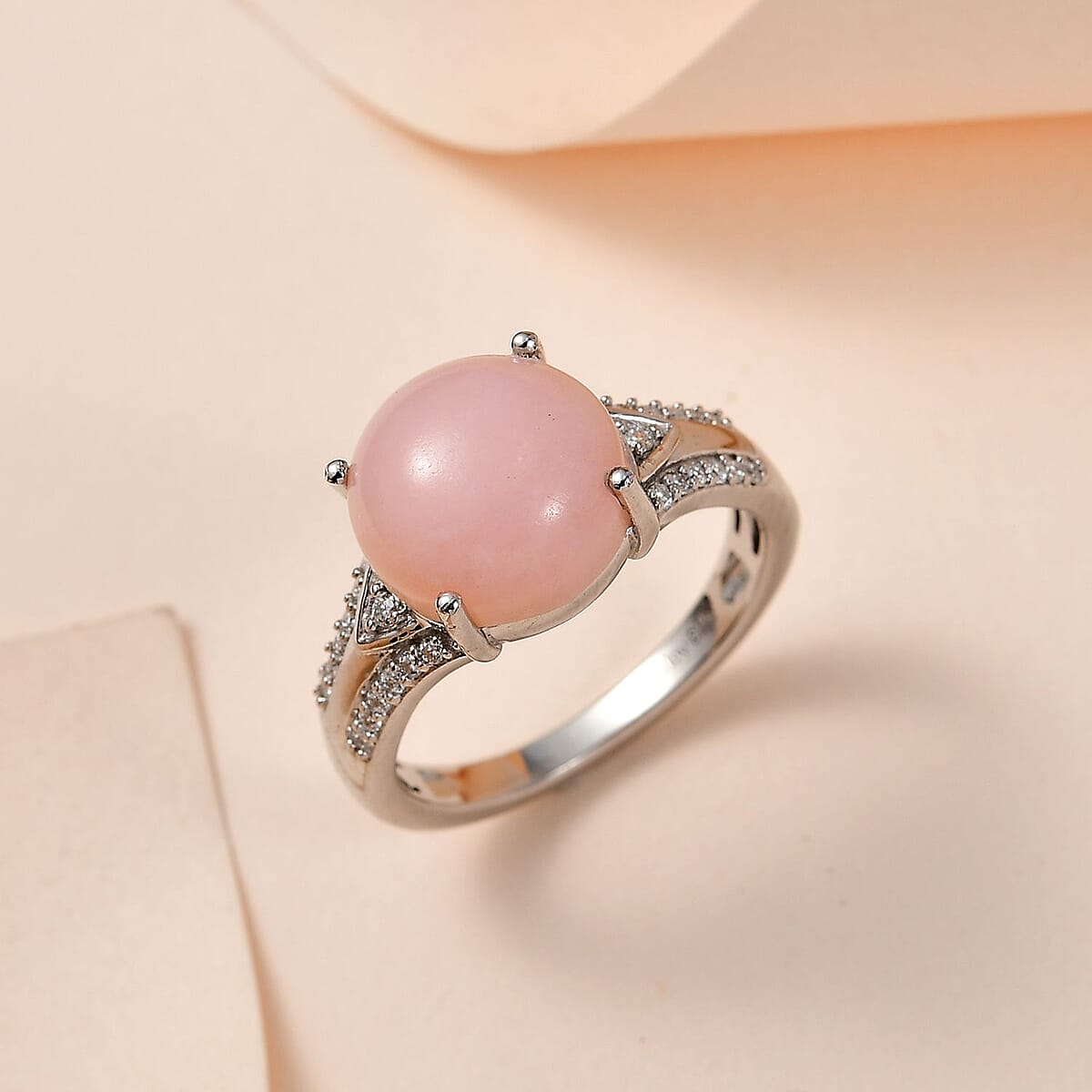 Peruvian Pink Opal and Moissanite Ring in Platinum Over Sterling Silver (Size 6.0) 4.75 ctw image number 1