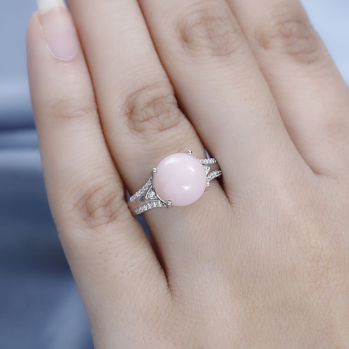 Peruvian Pink Opal and Moissanite Ring in Platinum Over Sterling Silver (Size 6.0) 4.75 ctw image number 2