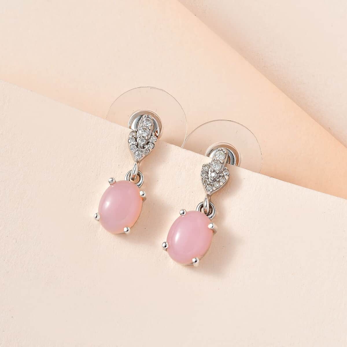 Peruvian Pink Opal and Moissanite Dangle Earrings in Platinum Over Sterling Silver 2.00 ctw image number 1