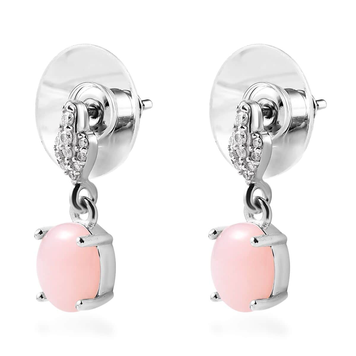 Peruvian Pink Opal and Moissanite Dangle Earrings in Platinum Over Sterling Silver 2.00 ctw image number 3