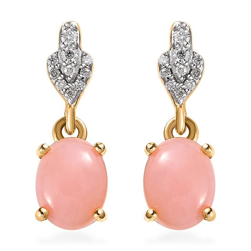 Peruvian Pink Opal and Moissanite Dangle Earrings in Vermeil Yellow Gold Over Sterling Silver 2.00 ctw