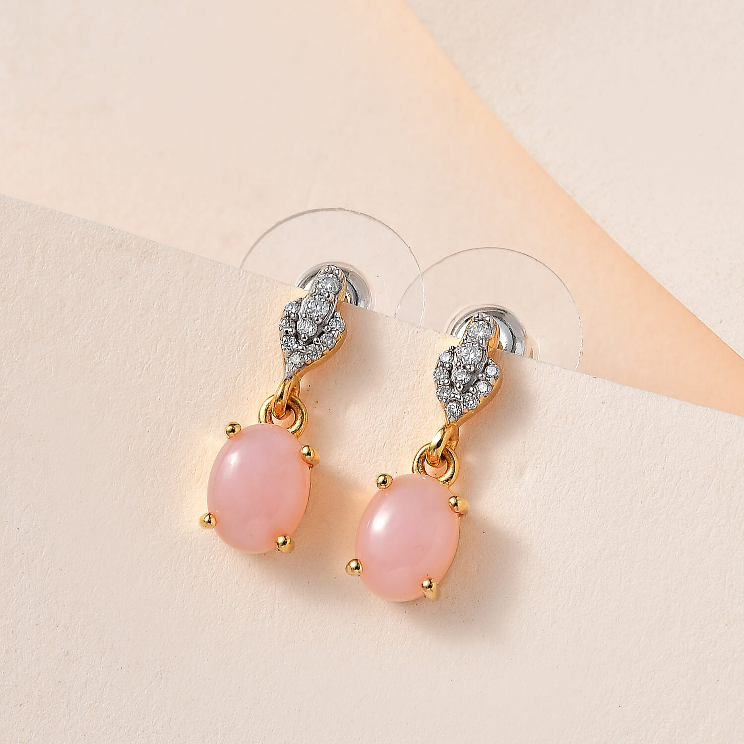 Peruvian Pink Opal and Moissanite Dangle Earrings in Vermeil Yellow Gold Over Sterling Silver 2.00 ctw