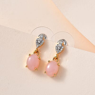 Peruvian Pink Opal and Moissanite Dangle Earrings in Vermeil Yellow Gold Over Sterling Silver 2.00 ctw