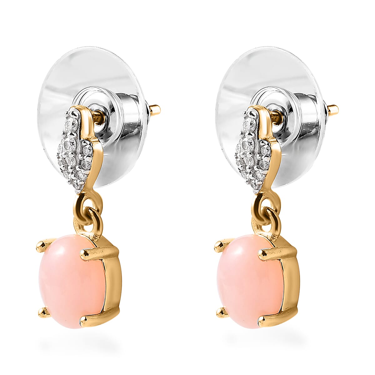 Peruvian Pink Opal and Moissanite Dangle Earrings in Vermeil Yellow Gold Over Sterling Silver 2.00 ctw