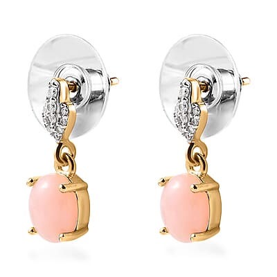 Peruvian Pink Opal and Moissanite Dangle Earrings in Vermeil Yellow Gold Over Sterling Silver 2.00 ctw