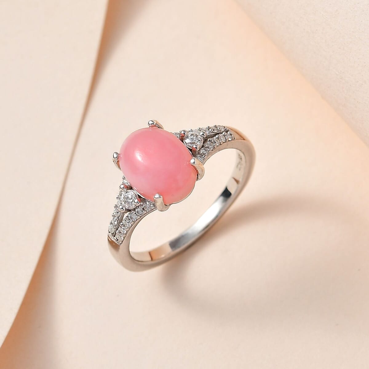 Oregon Pink Opal and Moissanite Ring in Platinum Over Sterling Silver (Size 6.0) 1.90 ctw image number 1