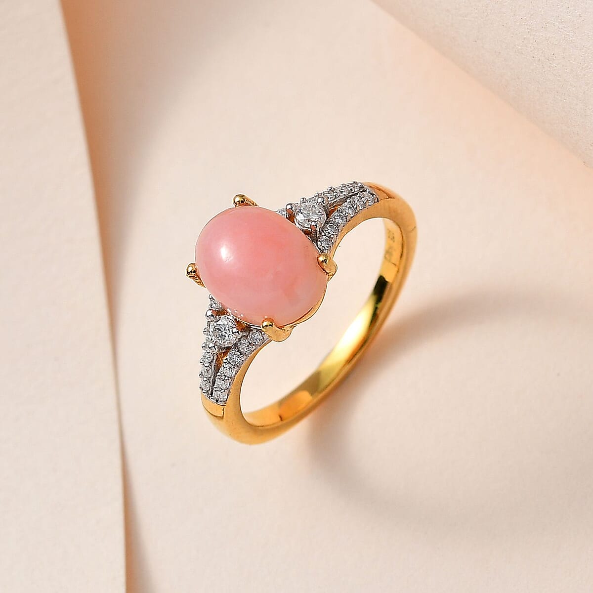 Oregon Pink Opal and Moissanite Ring in Vermeil Yellow Gold Over Sterling Silver (Size 8.0) 1.90 ctw image number 1