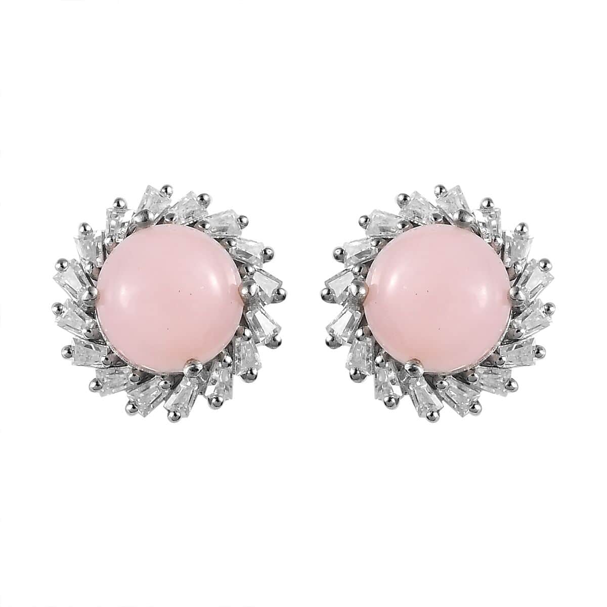 Peruvian Pink Opal and Moissanite Halo Stud Earrings in Platinum Over Sterling Silver 4.30 ctw image number 0