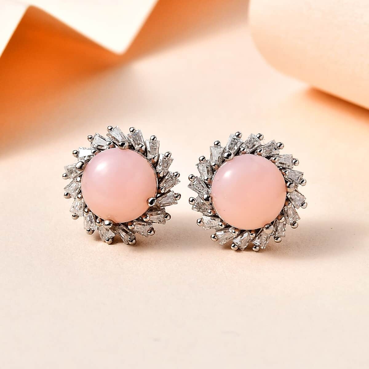 Peruvian Pink Opal and Moissanite Halo Stud Earrings in Platinum Over Sterling Silver 4.30 ctw image number 1