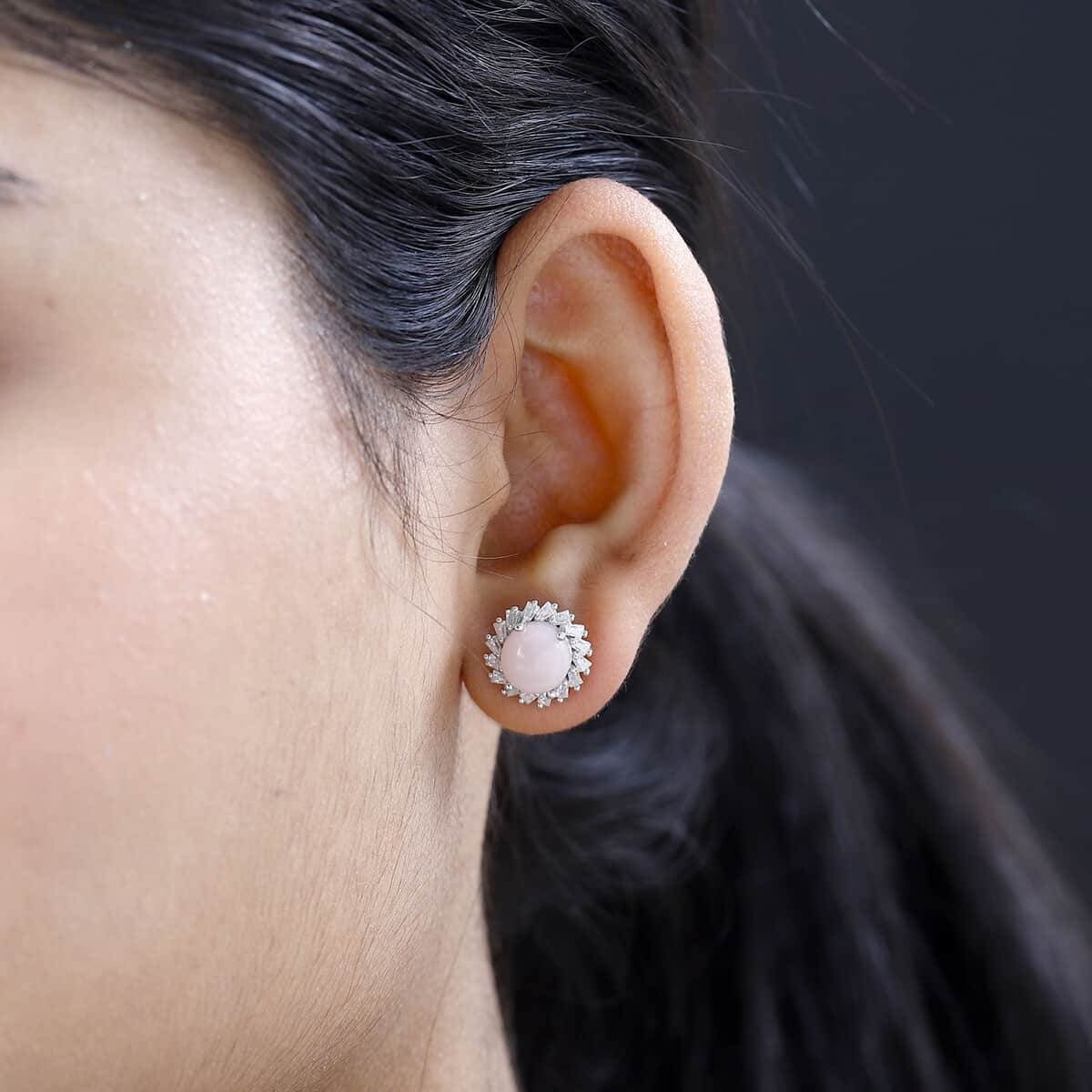 Peruvian Pink Opal and Moissanite Halo Stud Earrings in Platinum Over Sterling Silver 4.30 ctw image number 2