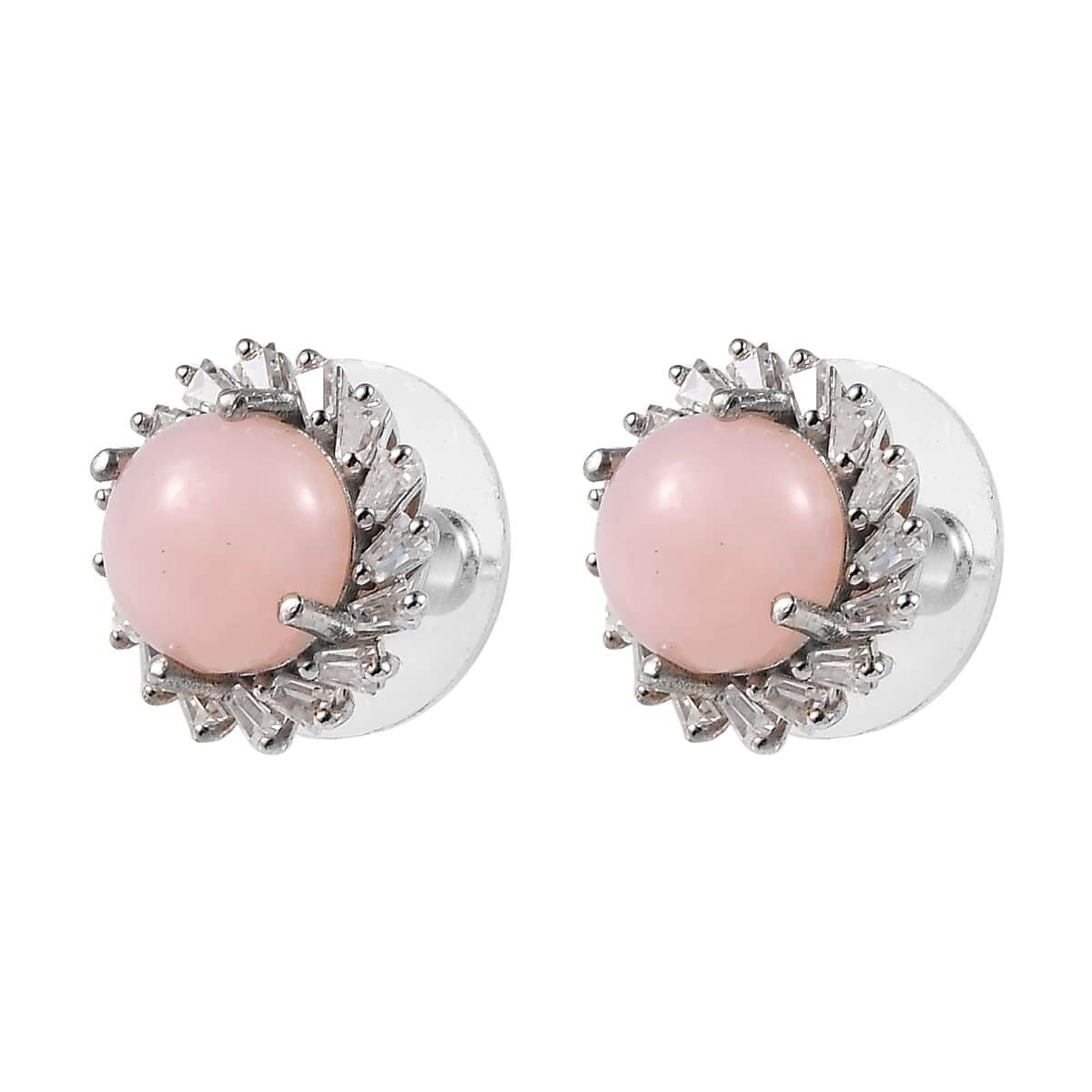 Peruvian Pink Opal and Moissanite Halo Stud Earrings in Platinum Over Sterling Silver 4.30 ctw image number 3